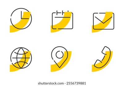 Time, date, address and also web, e-mail and phone - icons set, for some event, concert, seminar. Pictograms in thin line with yellow fill