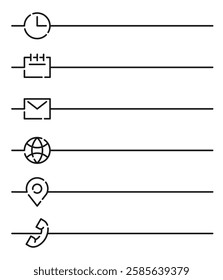 Time, date, address and also web, e-mail and phone - icons set, for some event, concert, seminar. Pictograms with long underline