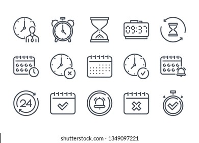 Time, Date and Clock related line icon set. Alarm and timer linear vector icon collection. Hourglass and calendar outline icons.