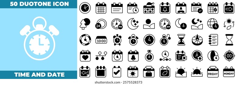 Time And Date Duotone Editable Icons set. Vector illustration in modern thin duotone style of time and date icons: calendar, time, clock, etc