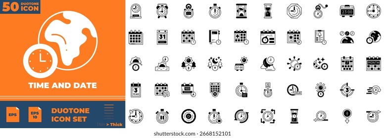 Time and date Duotone Editable Icons set. Vector illustration in modern thin duotone style of Time and date icons: date, calendar, schedule, etc