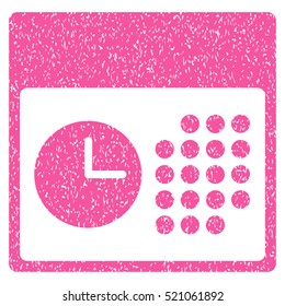 Time and Date grainy textured icon for overlay watermark stamps. Flat symbol with dirty texture. Dotted vector pink ink rubber seal stamp with grunge design on a white background.