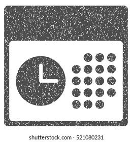 Time and Date grainy textured icon for overlay watermark stamps. Flat symbol with dust texture. Dotted vector gray ink rubber seal stamp with grunge design on a white background.