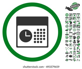 Time and Date icon with bonus calendar and time management clip art. Vector illustration style is flat iconic bicolor symbols, green and gray colors, white background.