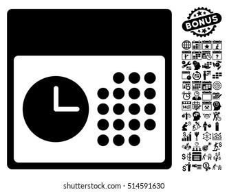 Time and Date icon with bonus calendar and time management design elements. Vector illustration style is flat iconic symbols, black color, white background.