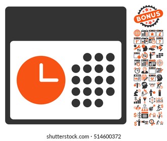 Time and Date icon with bonus calendar and time management symbols. Vector illustration style is flat iconic bicolor symbols, orange and gray colors, white background.