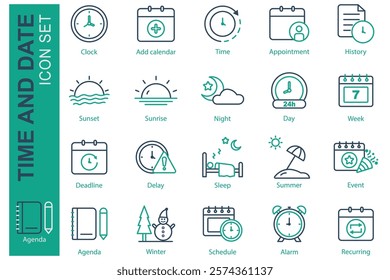 Time and date icon set. line icon style. containing icon clock, night, agenda, and more. time element vector illustration
