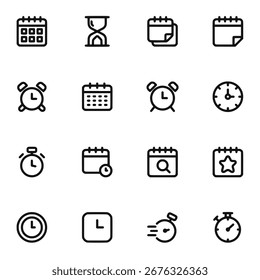 Hora y fecha Icono Set Esquema Reloj de Vector Calendario Temporizador Cronómetro