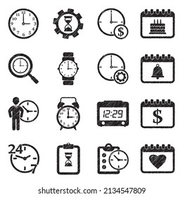 Time and Date Icons. Black Scribble Design. Vector Illustration.