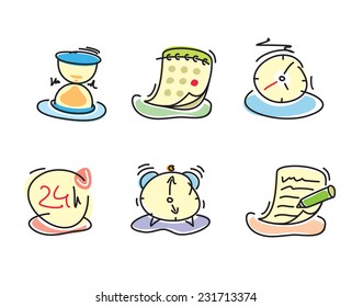 Time and date icons in cartoon design style. Set of watch hourglass alarm calendar notepad