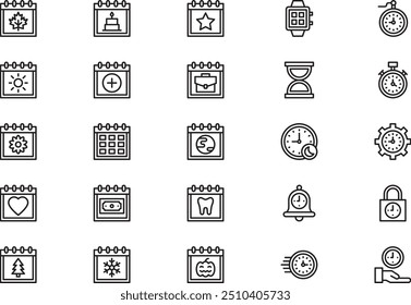 Time and date icons collection is a vector illustration with editable stroke.