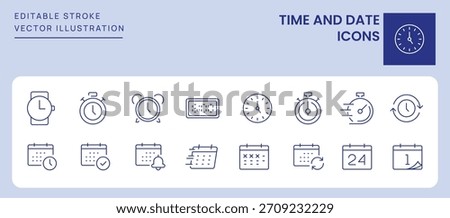 Time and Date Icons. Editable Stroke. Set of thin line icons symbol collection.