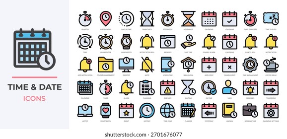 Ícones de data e hora definem a coleção. Apresentando relógios, calendários, lembretes e alarmes. Perfeito para programar aplicativos, ferramentas de produtividade e projetos de gerenciamento de tempo.