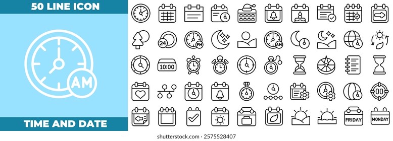 Time And Date Line Editable Icons set. Vector illustration in modern thin line style of time and date icons: calendar, time, clock, etc