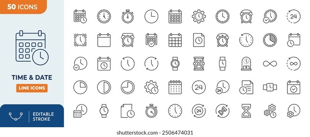 Time and Date Line Editable Stroke, icon set	
