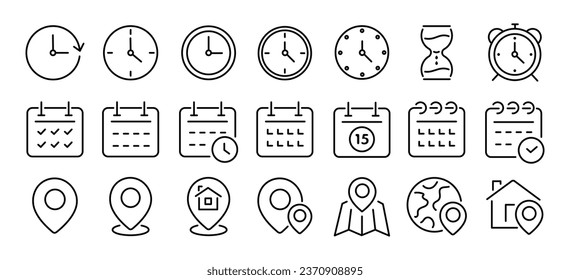 Time and date line icons set. Address line icons and navigation outline icons set. Vector collection isolated on white background.