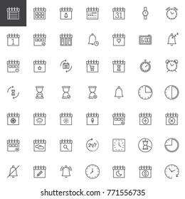 Time and date line icons set, outline vector symbol collection, linear style pictogram pack. Signs, logo illustration. Set includes icons as calendar, hourglass, clock, watch, agenda, binder, bell