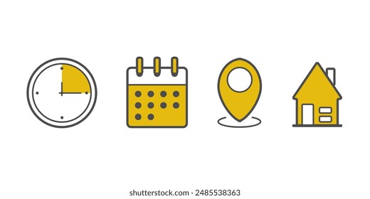 Hora, fecha, ubicación y Ilustración vectorial del icono de Dirección. Un conjunto de diseños de icono de concepto de signo de notificación, aislado sobre fondo blanco