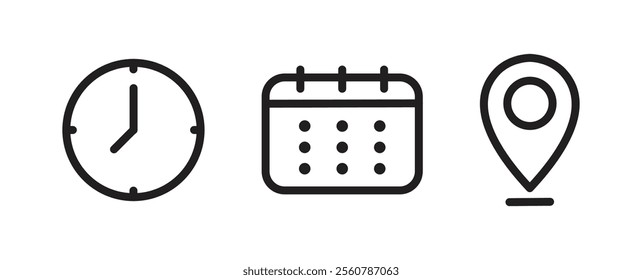 Time, date, location, address icon set symbol. Event elements, contact information, clock, pin map location, and calendar sign. Vector illustration