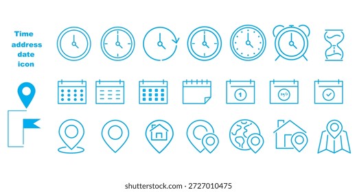 Zeit, Datum, Standort-Adresssymbolsatz. Kalenderuhr, Uhrzeit, Adresse, Standortsymbol. Stockgrafik von Vektorgrafiken für Geschäftszeichen