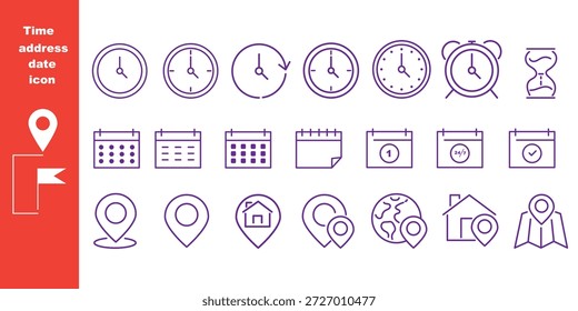 Zeit, Datum, Standort-Adresssymbolsatz. Kalenderuhr, Uhrzeit, Adresse, Standortsymbol. Stockgrafik von Vektorgrafiken für Geschäftszeichen