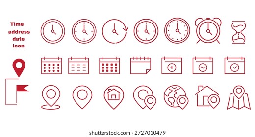 Zeit, Datum, Standort-Adresssymbolsatz. Kalenderuhr, Uhrzeit, Adresse, Standortsymbol. Stockgrafik von Vektorgrafiken für Geschäftszeichen