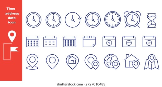Zeit, Datum, Standort-Adresssymbolsatz. Kalenderuhr, Uhrzeit, Adresse, Standortsymbol. Stockgrafik von Vektorgrafiken für Geschäftszeichen