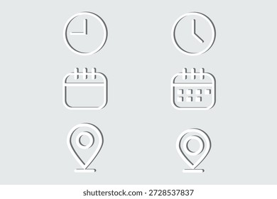 Zeit, Datum, Ort, Adresssymbol. Uhr, Kalender, Ort, Erinnerungssymbole. Stockgrafik mit Vektorgrafiken zum Geschäftsdesign. Stockgrafik