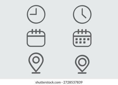 Zeit, Datum, Ort, Adresssymbol. Uhr, Kalender, Ort, Erinnerungssymbole. Stockgrafik mit Vektorgrafiken zum Geschäftsdesign. Stockgrafik