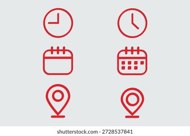 Time, date, location, adress icon set. Clock, calendar, location, reminder symbols. Business design vector stock illustration. stock illustration