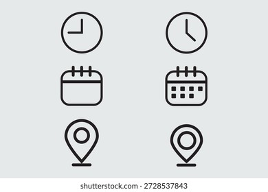 Zeit, Datum, Ort, Adresssymbol. Uhr, Kalender, Ort, Erinnerungssymbole. Stockgrafik mit Vektorgrafiken zum Geschäftsdesign. Stockgrafik