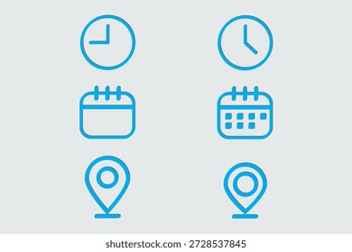 Zeit, Datum, Ort, Adresssymbol. Uhr, Kalender, Ort, Erinnerungssymbole. Stockgrafik mit Vektorgrafiken zum Geschäftsdesign. Stockgrafik