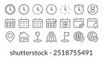 Time, date and location editable stroke outline icons set isolated on white background flat vector illustration. Pixel perfect. 64 x 64