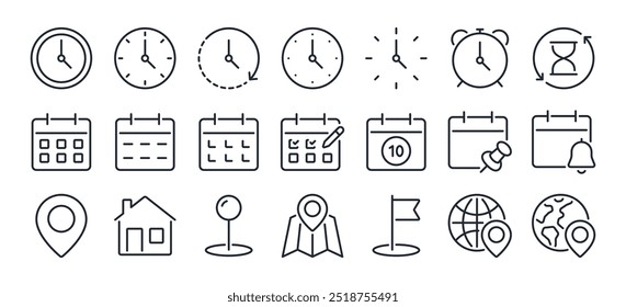 Hora, data e local editável traçado ícones de contorno definido isolado no fundo branco ilustração vetor plana. Pixel perfeito. 64 x 64