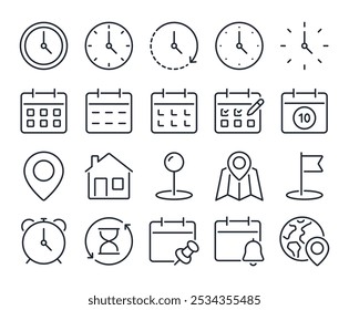 Time, date and location editable stroke outline icons set isolated on white background flat vector illustration. Pixel perfect. 64 x 64