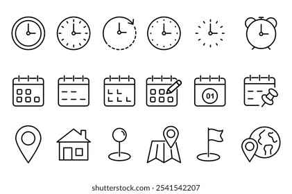 Time, date and location editable stroke outline icons set. Address line icons and navigation outline icons set. isolated on white background.