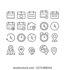 Time, date and location editable stroke outline icons set isolated on white background flat vector illustration