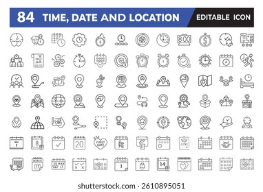 Time, date and location editable stroke outline icon
