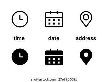 Time, date and location editable stroke outline icons set isolated on white background.