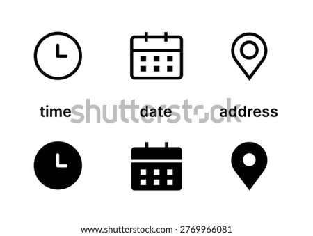 Time, date and location editable stroke outline icons set isolated on white background.
