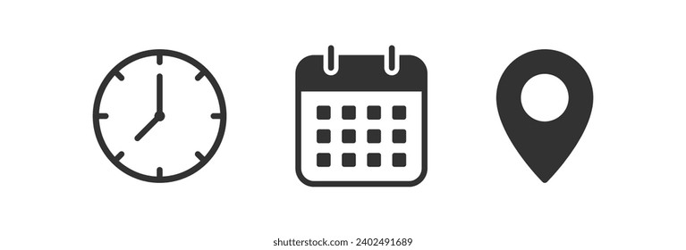 Time, date, location icon. Address event. Calendar, clock, geo pin symbol. Meeting information. Vector illustration.