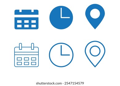 Time, date, location icon. Address event. Calendar, clock, geo pin symbol. Meeting information. Vector illustration.