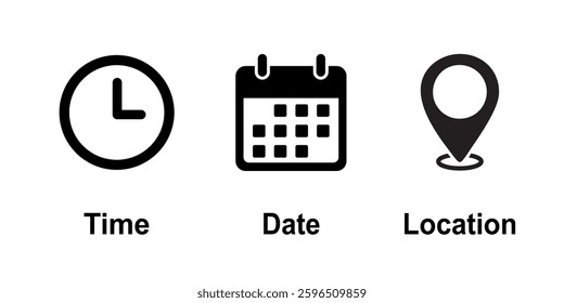 Time, date and location icon, address set. Calendar, clock, location. Linear contour illustration. Vector illustration on white background