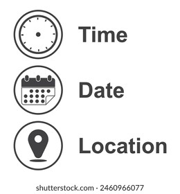 Time, date, location icon, business icon black vector