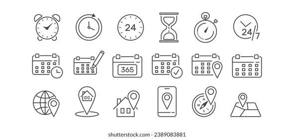 Time, date, location icon set. Place, home, yearly, compass, map, mark, round the clock vector illustration. Editable stroke