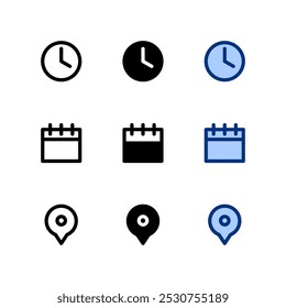 Conjunto de ícones de Hora, Data e Local. Ícone Hora, ícone Data e ícone Local.