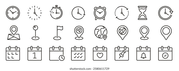 Time, date and location icon set in line style, Containing hourglass, pin, stopwatch, calendar, clock, gps point, flag point, globe point and more, vector illustration