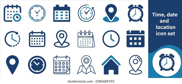 Time, Date and Location Icon Set, Time, Location, Set, Vector, Design, Outline, Line, Symbol, Date, Call, Icon, Business, Graphic, Isolated, Check, Mark, Online, App, Calendar, Flat, Web and more