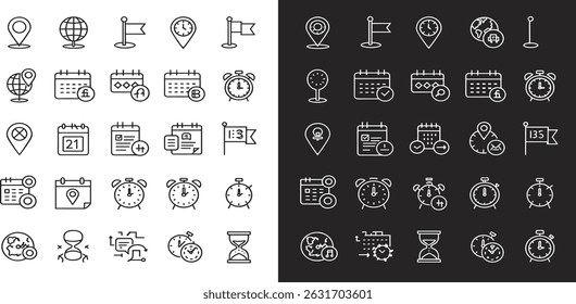Time, date and location icon set in line style, Containing hourglass, pin, stopwatch, calendar, clock, gps point, flag point, globe point and more, vector