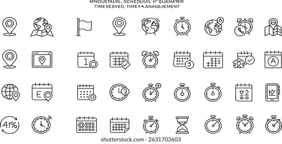 Time, date and location icon set in line style, Containing hourglass, pin, stopwatch, calendar, clock, gps point, flag point, globe point and more, vector